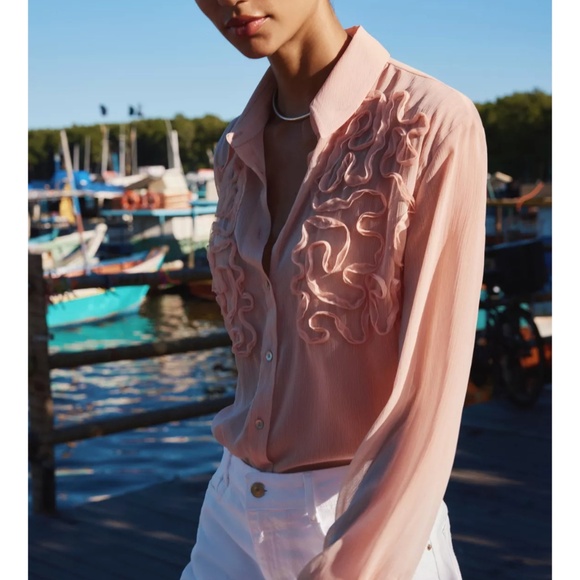 NWT Zara Textured Front Blouse in Blush Sz. L - Picture 2 of 7